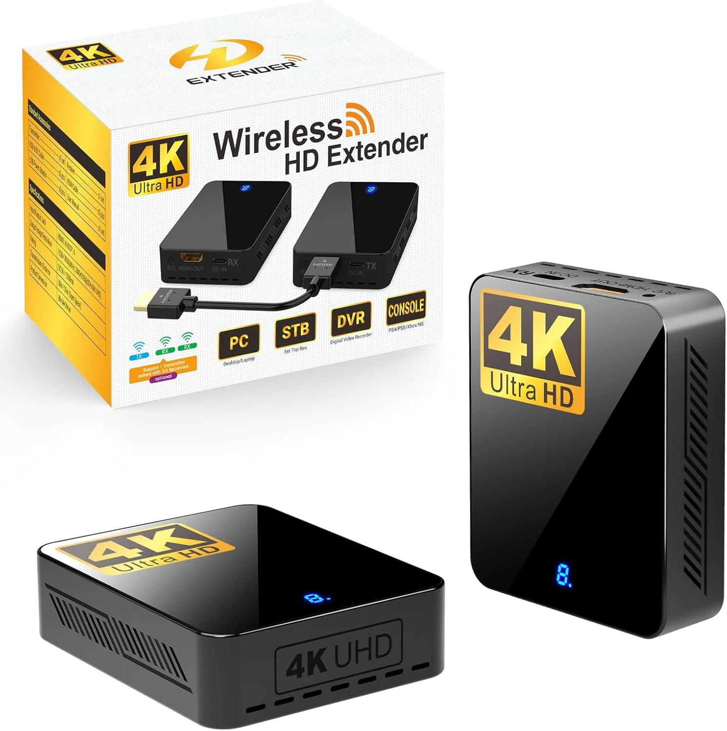 Wireless HDMI Transmitter and Receiver 4K BIN-910, 400FT/120M Long Range, 9 Adjustable Channels, 1TX to 3RX