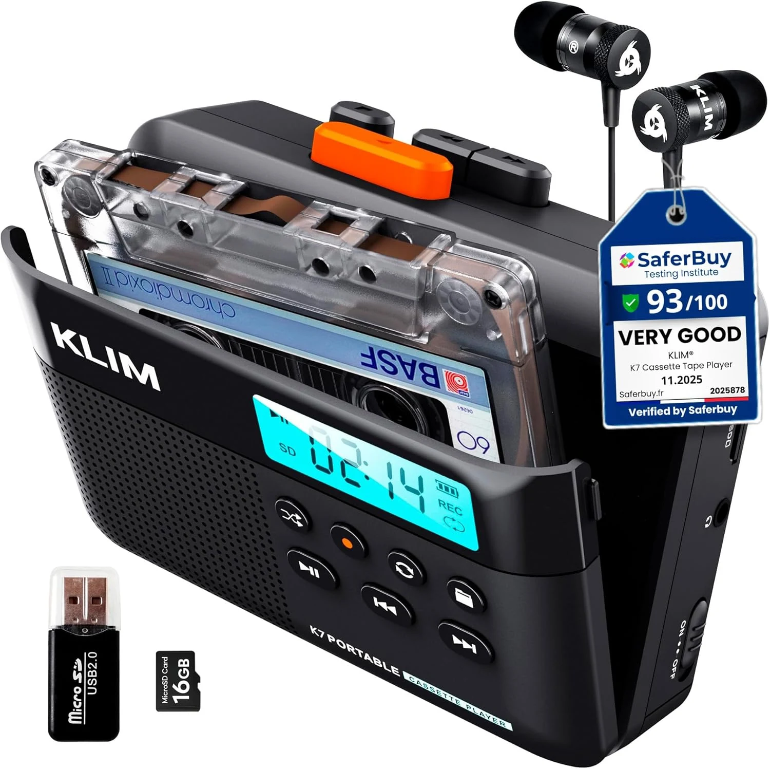 KLIM K7 Cassette Tape Player - Cassette to MP3 Converter - Portable - Built-in Microphone & Speaker - Rechargeable Battery - Earphones - 16GB SD Card - Black-Orange