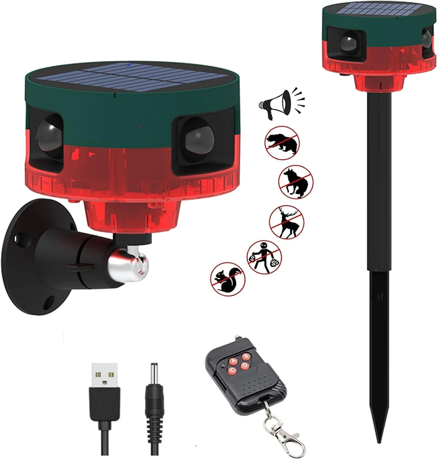HULPPRE Solar Outdoor Motion Sensor Alarm-Dog Barking&Gunshot Sound,130db Loud Noise Maker,Support Recording,13 Kinds of Sound Strobe Light with USB