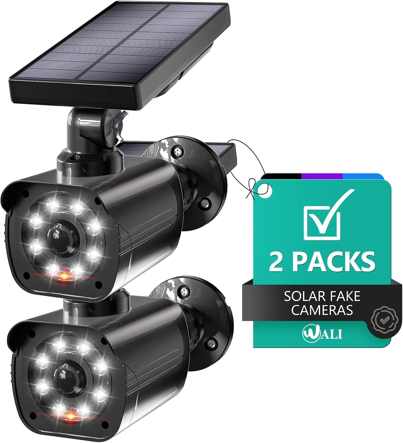 WALI Dummy Fake Camera, Security Camera with Motion Sensor Flood Light, Simulated Surveillance CCTV Dome Camera Indoor Outdoor (TCB2-SOL), 2 Packs, Black-Solar