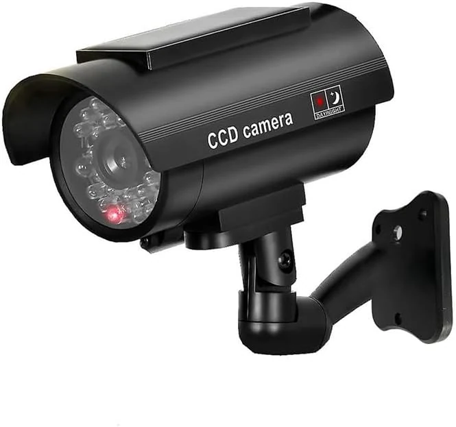 Solar Powered Fake Security Camera, Easy to Install with Red Light LED Light Flashing and Warning for Indoor/Outdoor