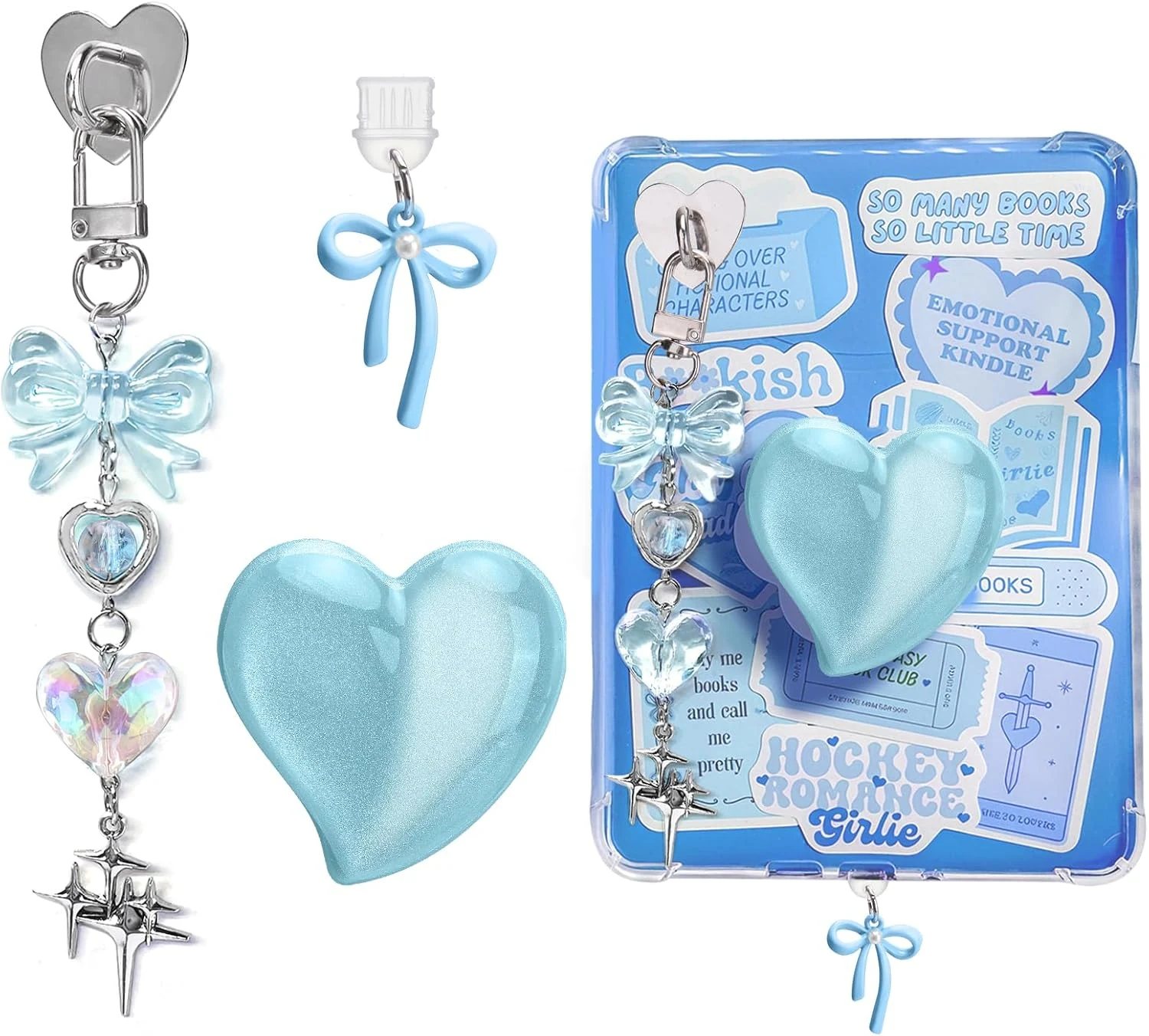 AIERSA Cute Charms Set for Kindle, Including Dust Plug Charm Type C/USB C, Heart Grip Holder, Bling Keychains with Hook
