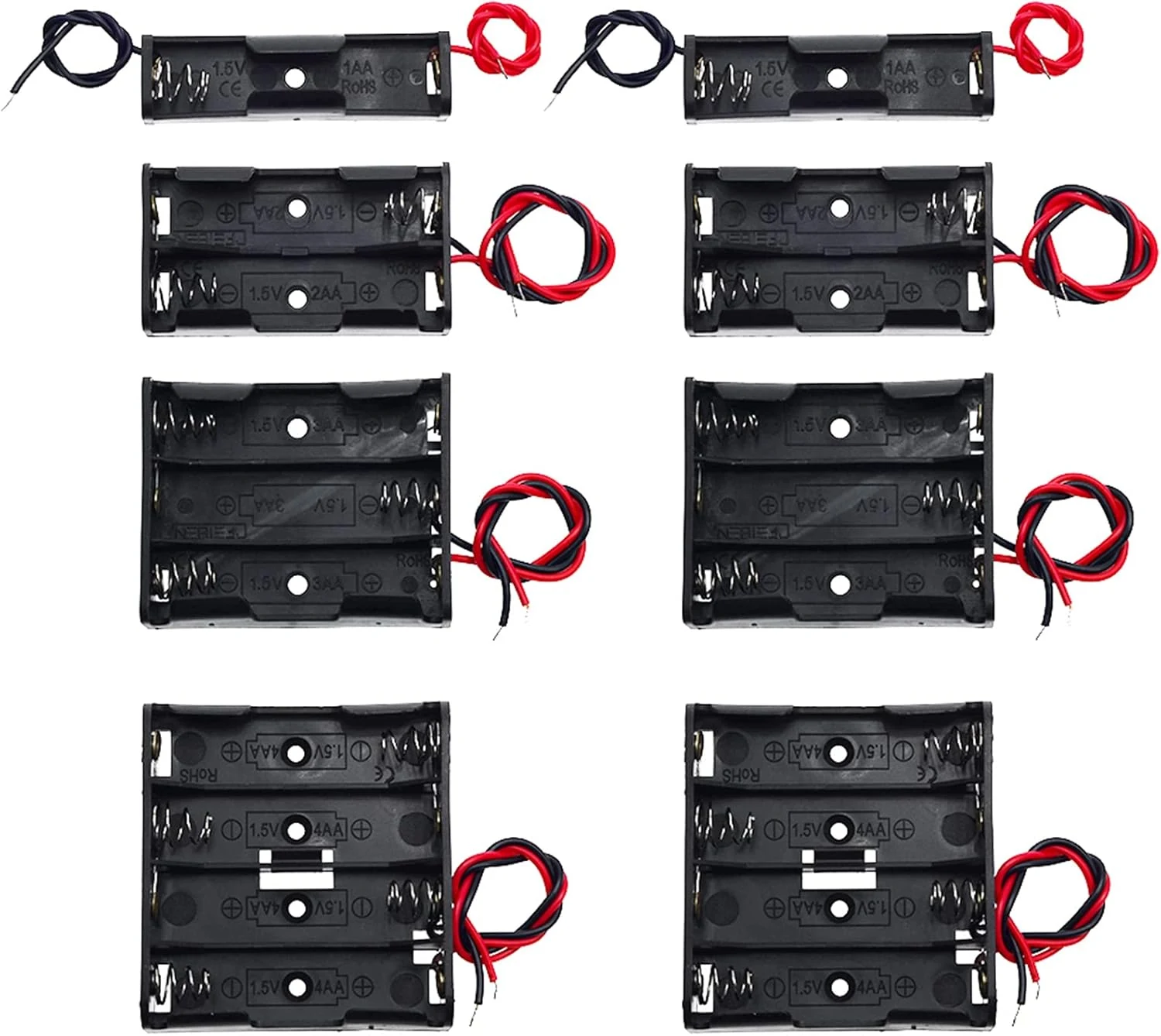 8 Pack AA Battery Holder Bundle with Wire 1 AA Battery Holder 1.5V, 2 Pcs, 2 AA Battery Holder 3V, 2 Pcs, 3 AA Battery Holder 4.5V, 2 Pcs, 4 AA Battery Holder 6V, 2 Pcs