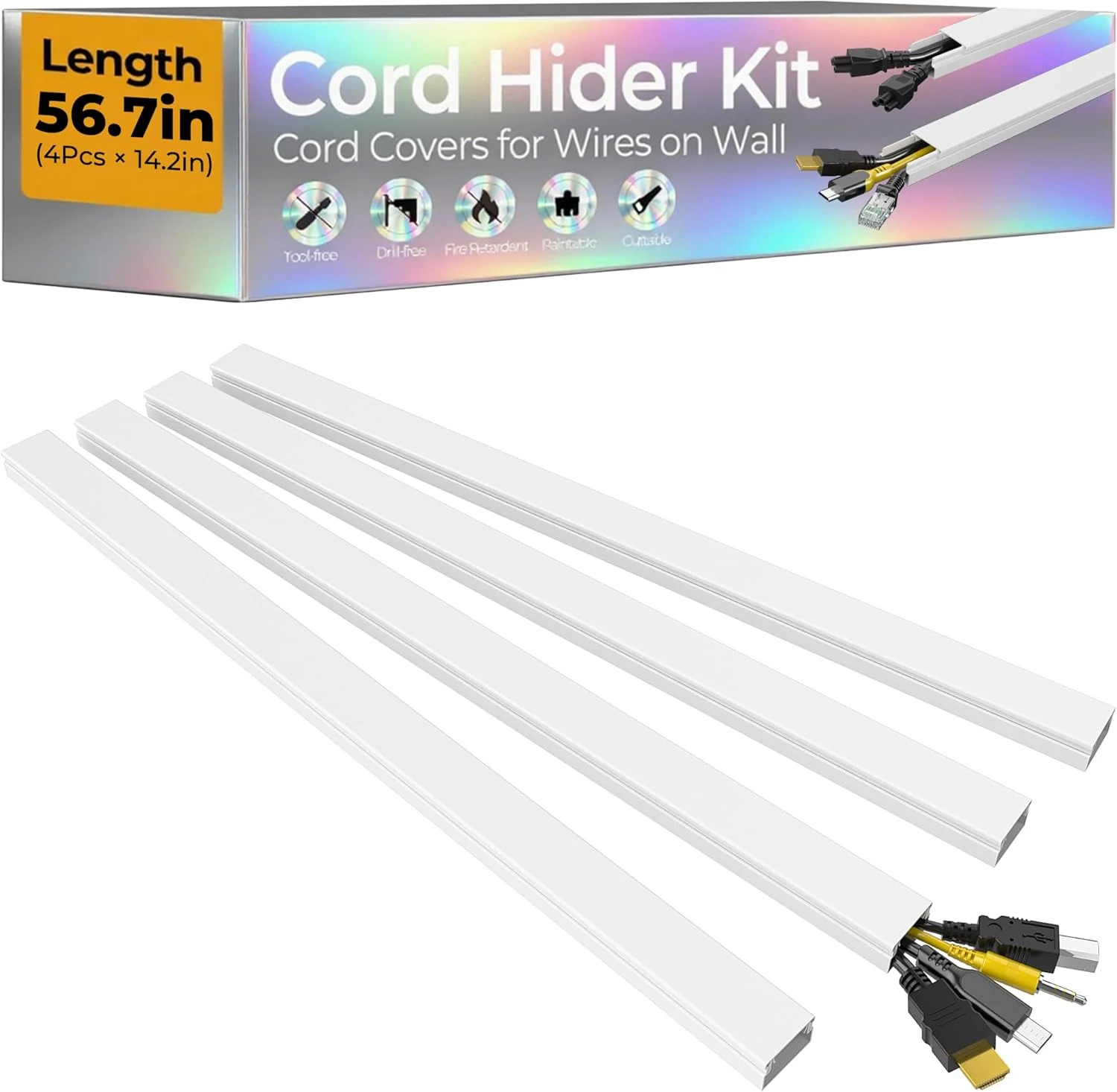 56.7in Cable Hider Cord Hider, Wire Covers for 2-4 Cords on Wall
