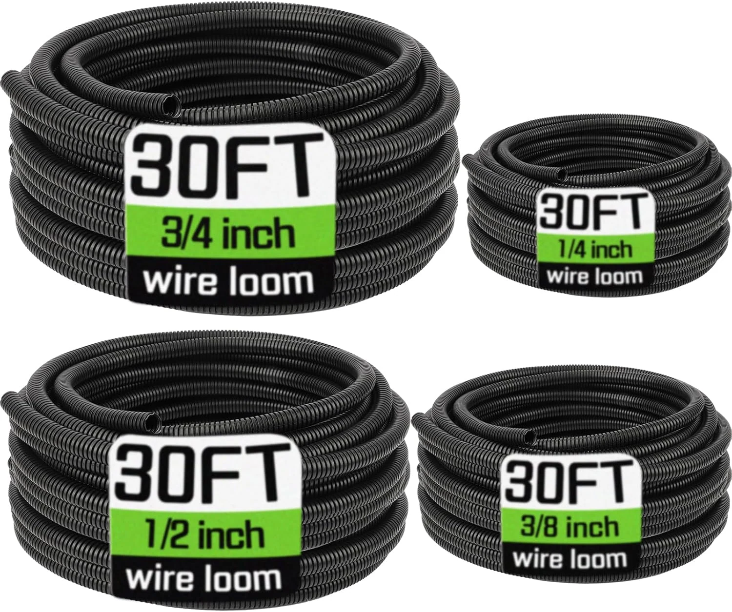 Wire Loom 1/4", 3/8", 1/2", 3/4 Inch x 30 FT (Split Cable Sleeves, Black)