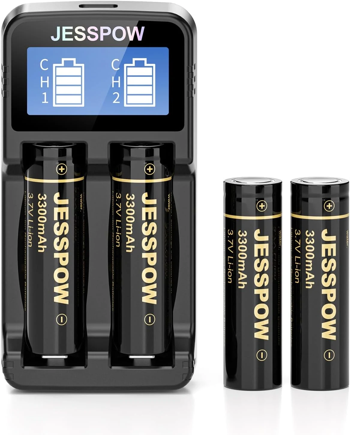 2-Slot 18650 Battery Charger Set 4pcs 3300mAh Flat Top, Universal 3.7V Li-ion Batteries Charger for 18650 26650 18500 14500(No Suitable for nimh & 1.5V Batteries)