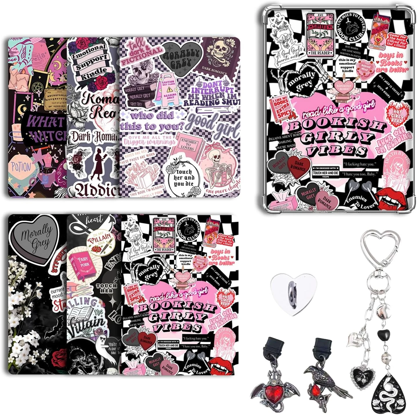6 pcs Inserts for E-Reader Clear Case and 2 pcs Type C Charms Phone Charm Set, Dark Romance Theme (style-C)