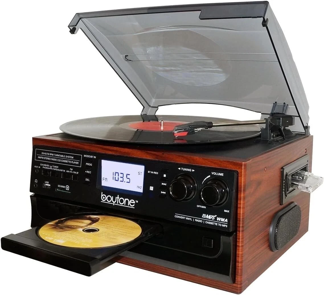 Boytone BT-22M Bluetooth Record Player Turntable, AM/FM Radio, Cassette, CD Player
