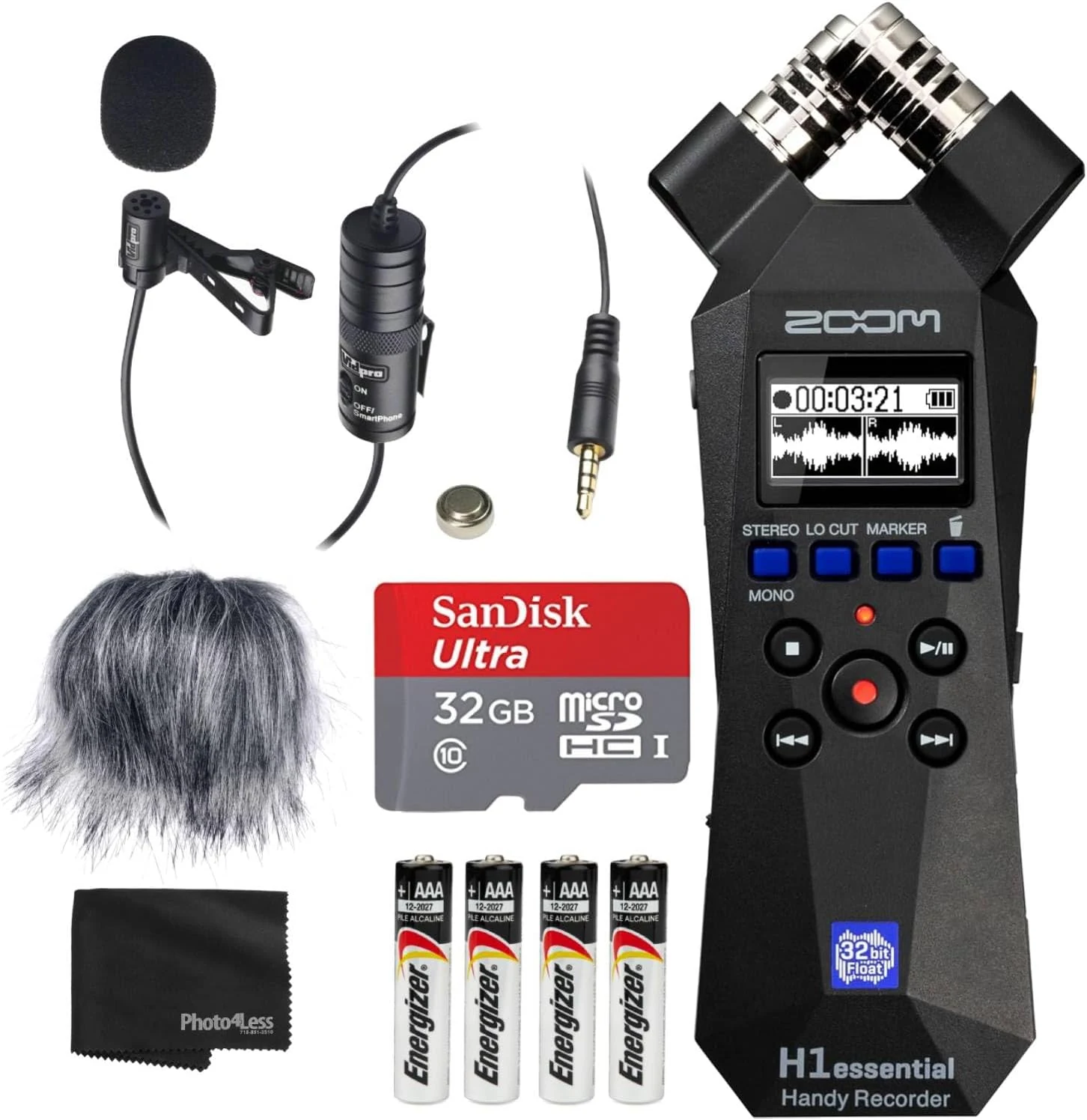 Zoom H1essential Handy Recorder Bundle with Professional Lavalier Condenser Microphone, 32GB microSDHC Card, Furry Microphone Windscreen, 4 AAA Alkaline Batteries, and More!