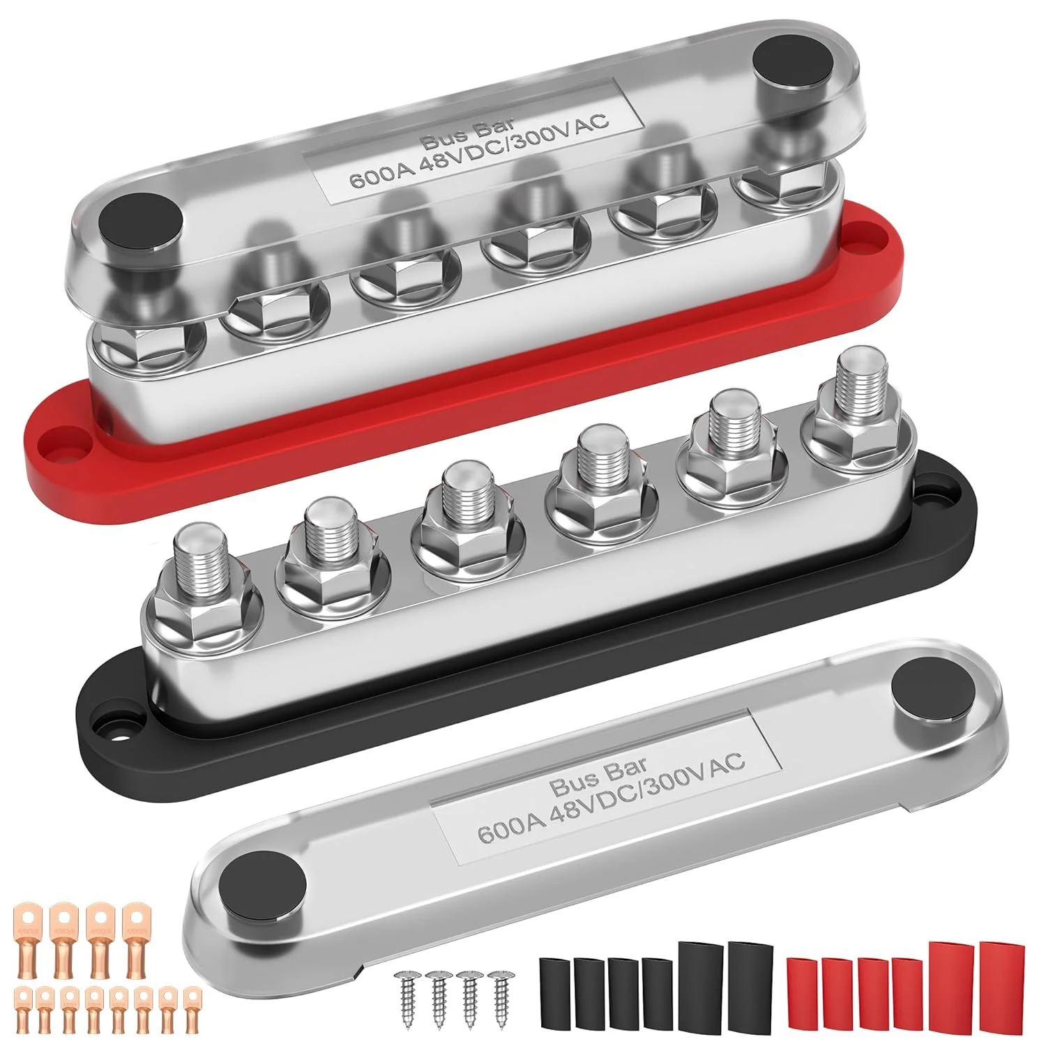 RVMARINEPAT 600A 12V 24V 48V Bus Bar with 6 x 3/8" (M10) Studs, Industrial Power Distribution Block & Battery Terminal Kit with 12 Lugs for Off-Grid Solar, Battery Bank, EV (Pair)