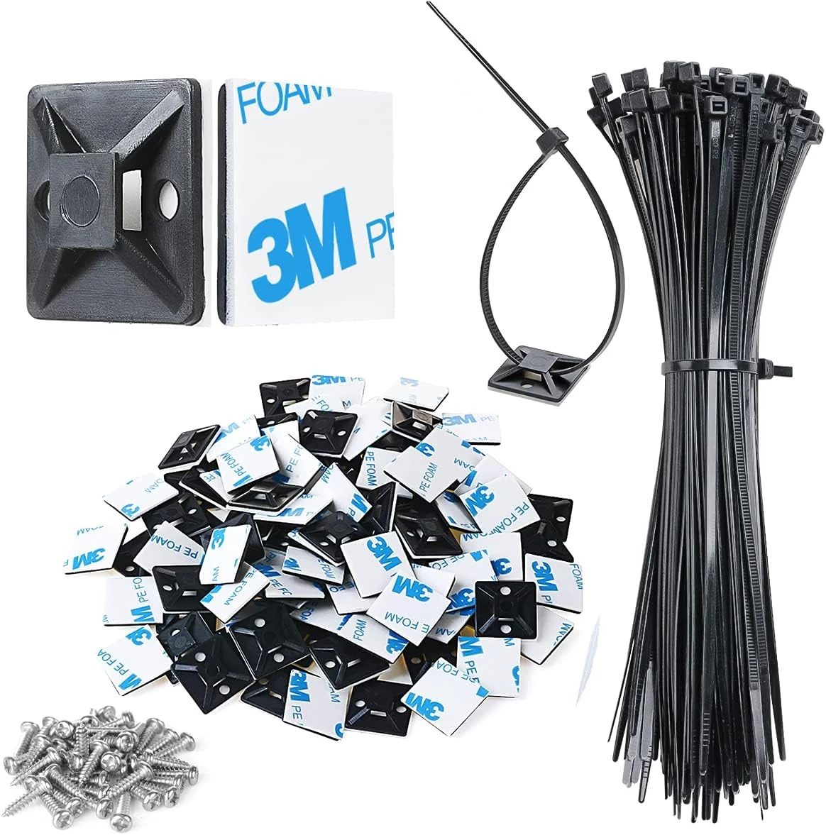 XHF 3/4" Strong Back-Glue Self Adhesive Black Cable Zip Tie Mounts 100pcs with 8" Zip Ties, Screws, UV Protection