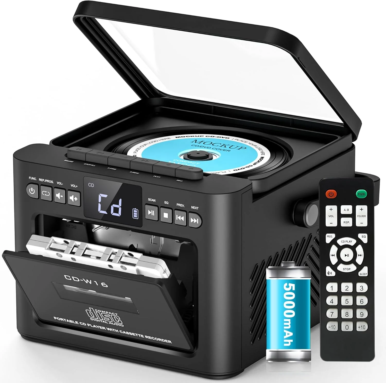 Greadio Boombox CD and Cassette Player Combo, 5000mAh Rechargable CD Player Boombox with Bluetooth Receive/Transmit/FM Radio/USB/TF/AUX/Remote Control
