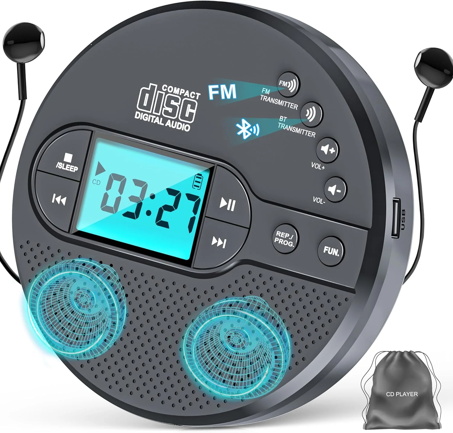 AFU Portable CD Player with Bluetooth 2000mAh Rechargeable CD Player with FM Transmitter