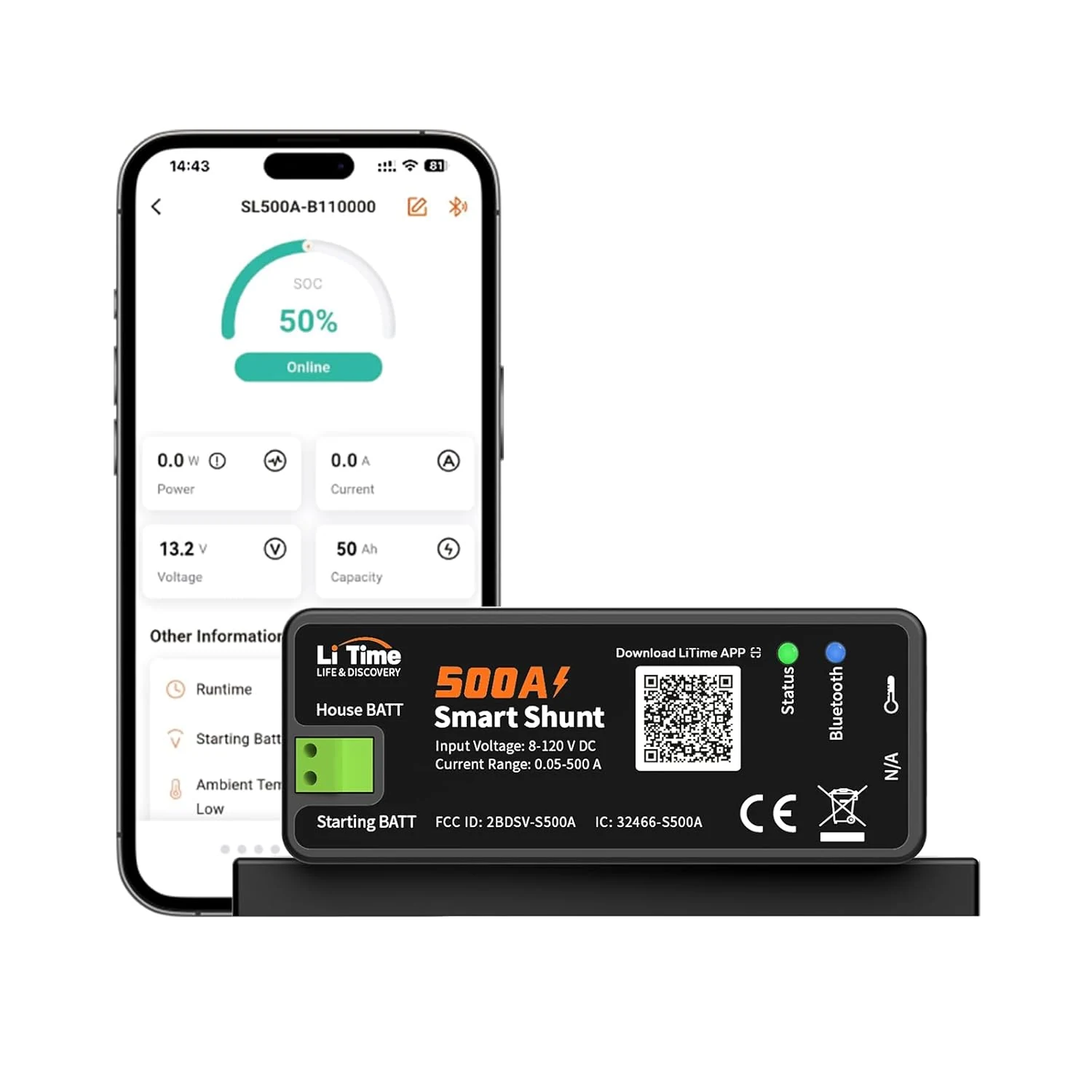 LiTime 500A Smart Shunt, Bluetooth Battery Monitor Range 8V-120V, SOC, Alarm Alerts, History Records, App Monitoring for Lithium, LFP, AGM, Gel Batteries, Ideal for RV/Marine/Solar Home Storage
