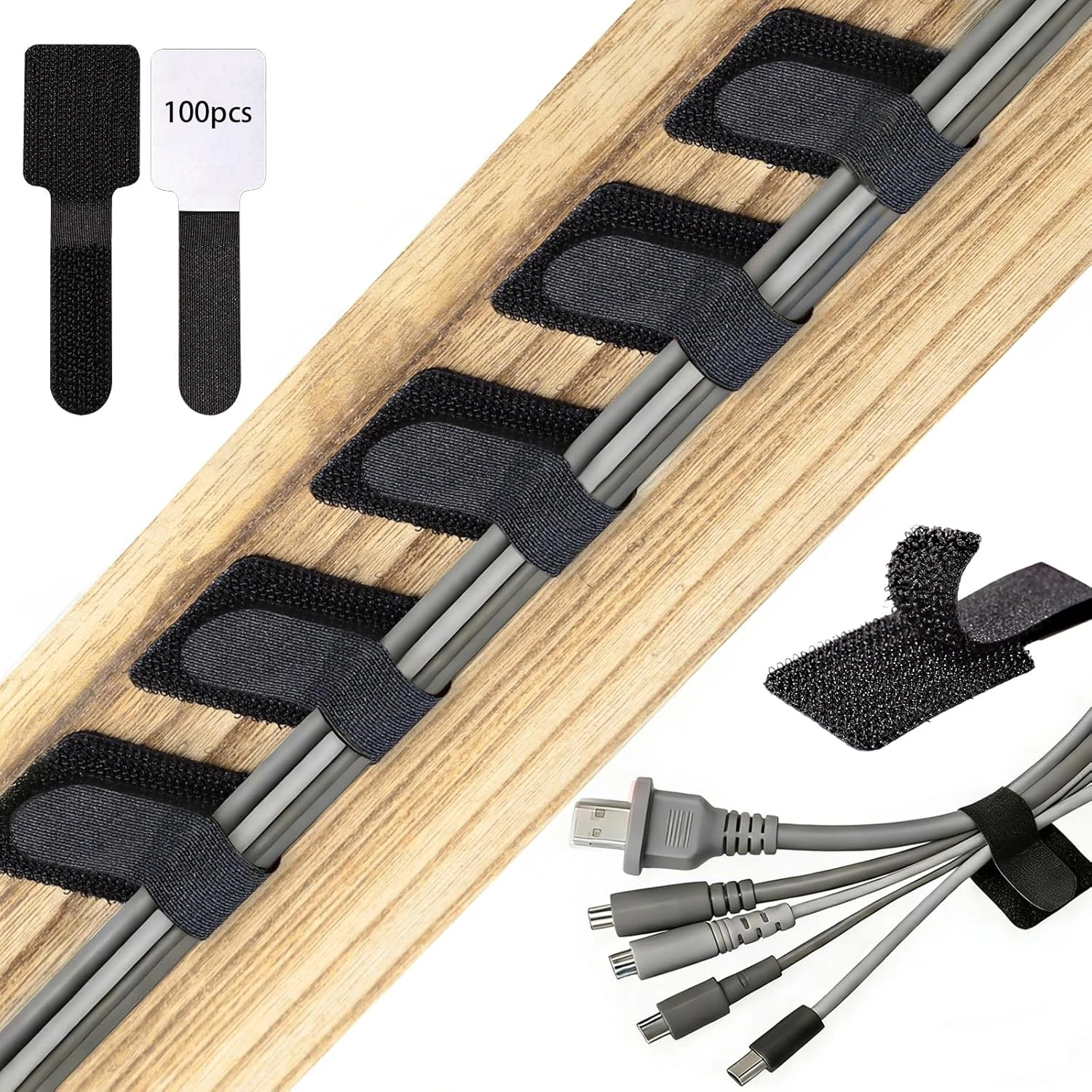 100PCS Cable Management Under Desk, Hook and Loop Cable Straps Self Adhesive Cable Organizer, Black