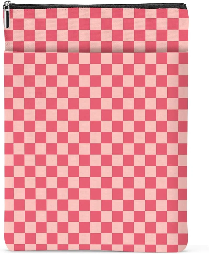 Pink Checkered Pattern Book Lovers Gifts Waterproof Book Sleeve Book Pouch Book Protector with Zipper & Front Pocket