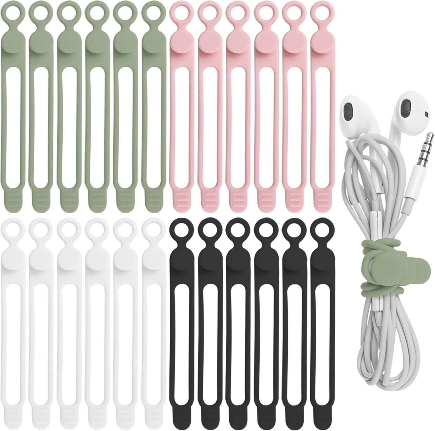 24Pcs Silicone Cable Straps Cord Organizer for Bundling Earphone, Phone Charger, Computer Cords, Reusable Cable Ties Wire Organizer (4 Colors)