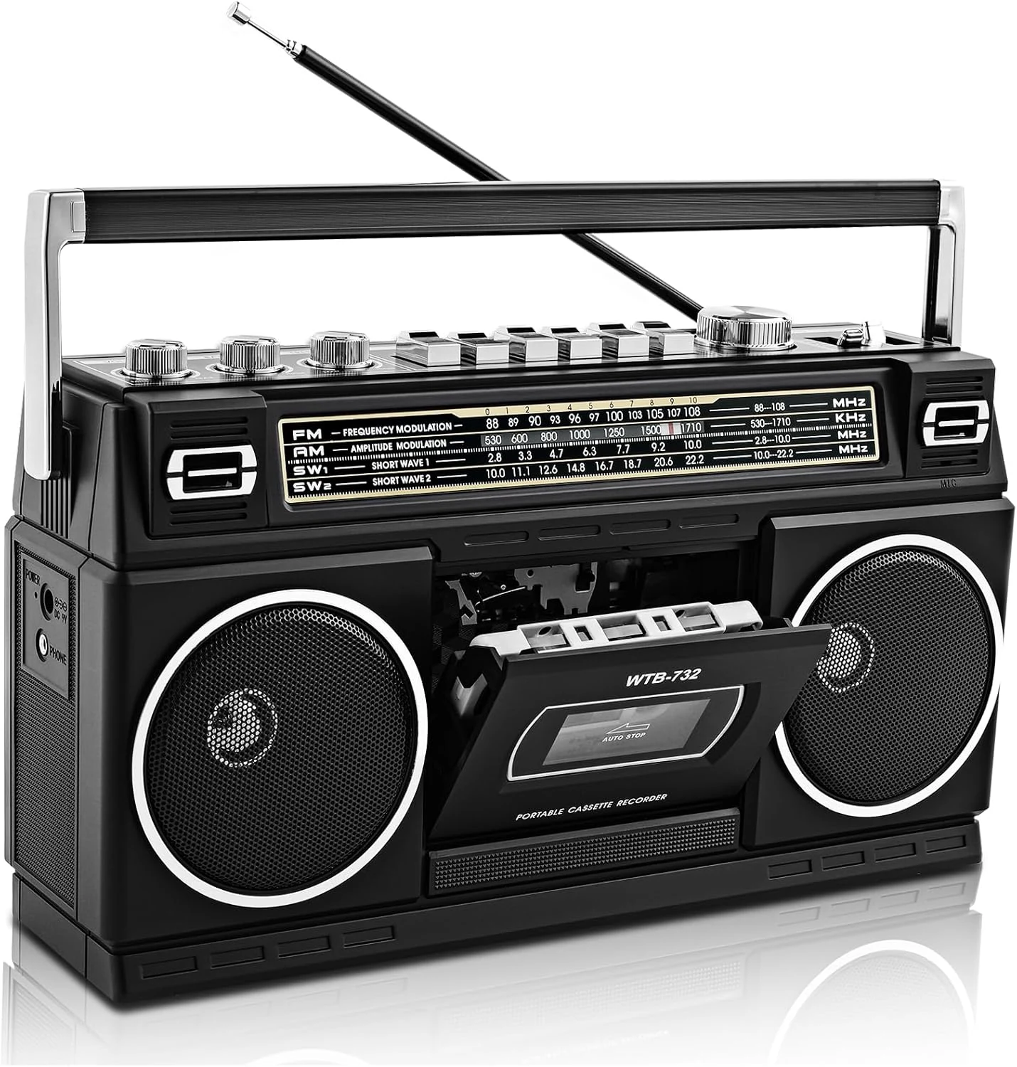 Retro Classic 80s Style Portable Boombox with Cassette Player Recorder, AM/FM/SW1/SW2 Radio, Bluetooth, USB/Micro SD Slots, Headphone Jack, 24W Dual Full-Range High Bass Speakers