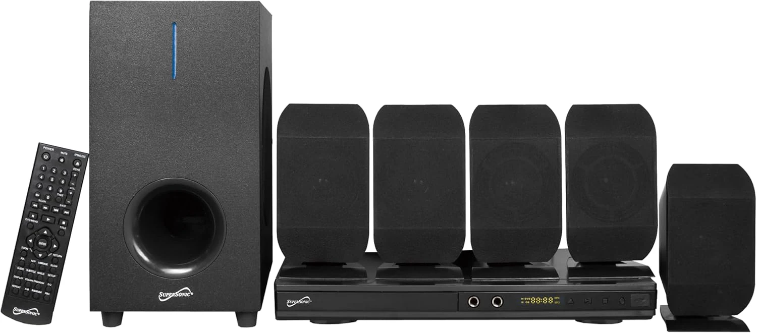 Supersonic SC-38HT 5.1 Surround Channel DVD Home Theater System with Karaoke Mic Jacks, USB Input, FM Radio, 75W Speaker Output