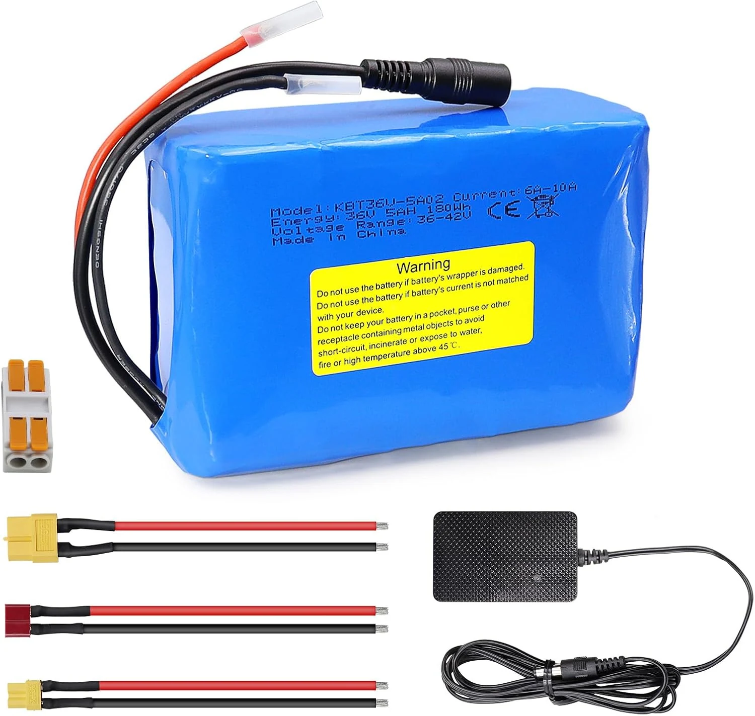 KBT 36V 5Ah Rechargeable Li-ion Battery Pack, with Charger, Charging Cable, Cable Connector, Build-in 10A BMS
