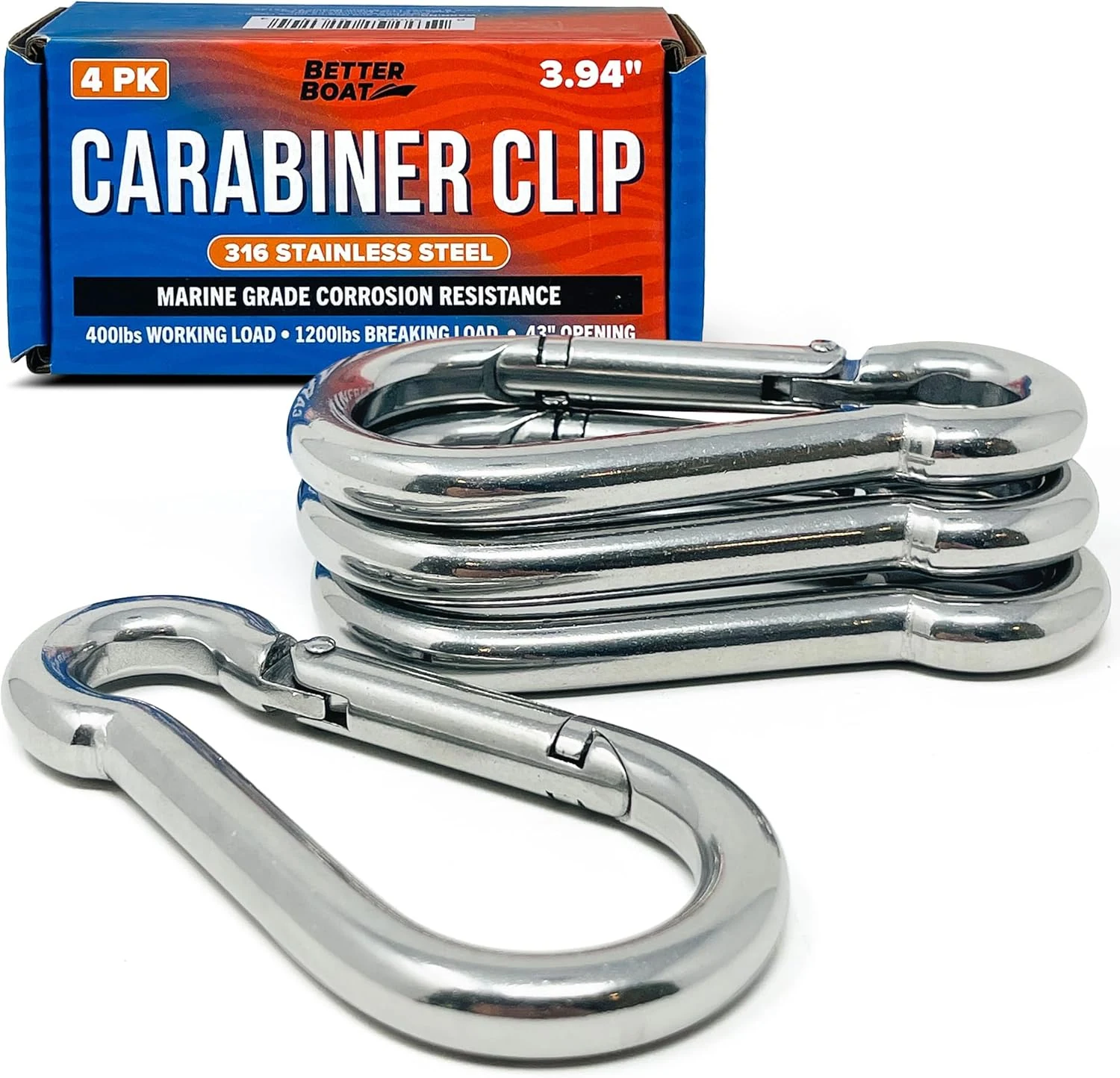 Stainless Steel Carabiner Clip, 4 Pack, 316 Marine Grade, Heavy Duty Spring Snap Hooks, Mini and Large Sizes, 2" to 4" Options