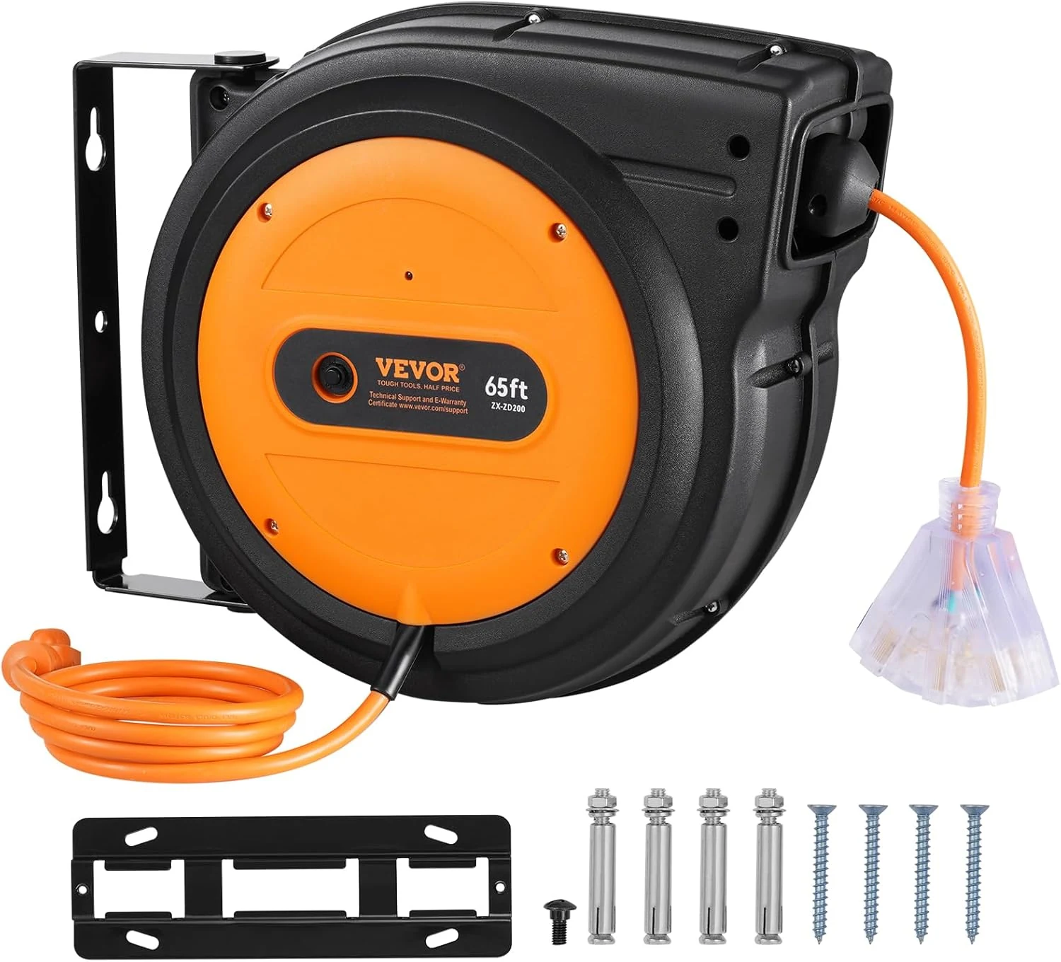VEVOR Retractable Extension Cord Reel, 65 FT, Heavy Duty 12AWG/3C SJTOW Power Cord