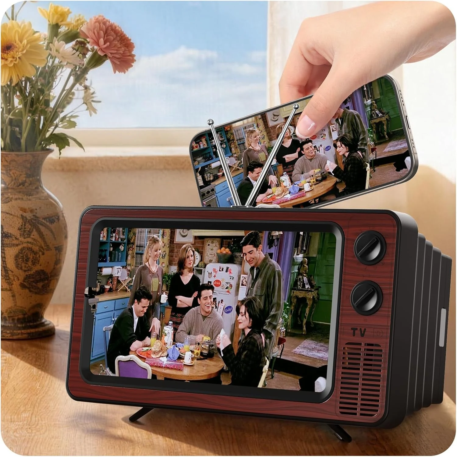 SEANCHEER Retro TV Cell Phone Screen Magnifier HD, 3D Portable Foldable Mobile Phone Magnifier (Brown, 12")