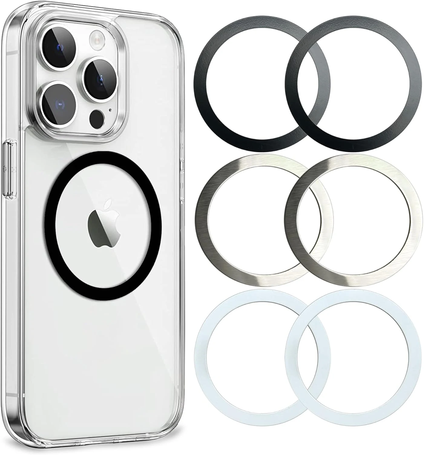 Aothey Universal Metal Rings Compatible with Magsafe Sticker,Magnetic Ring for Phone Cases & Wireless Charging, 6 Pack (2 Black,2 White & 2 Silver)