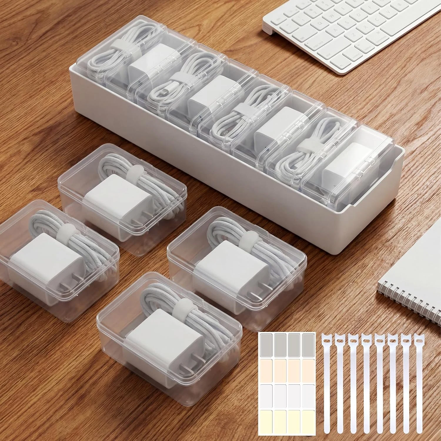 8 Individual Cable Organizer Boxes With Base, Cord Storage Organizer With Labels And Cable Straps For Charging Cables, Adapters, Earphones (8 pcs Individual Cable, 1 Pack)