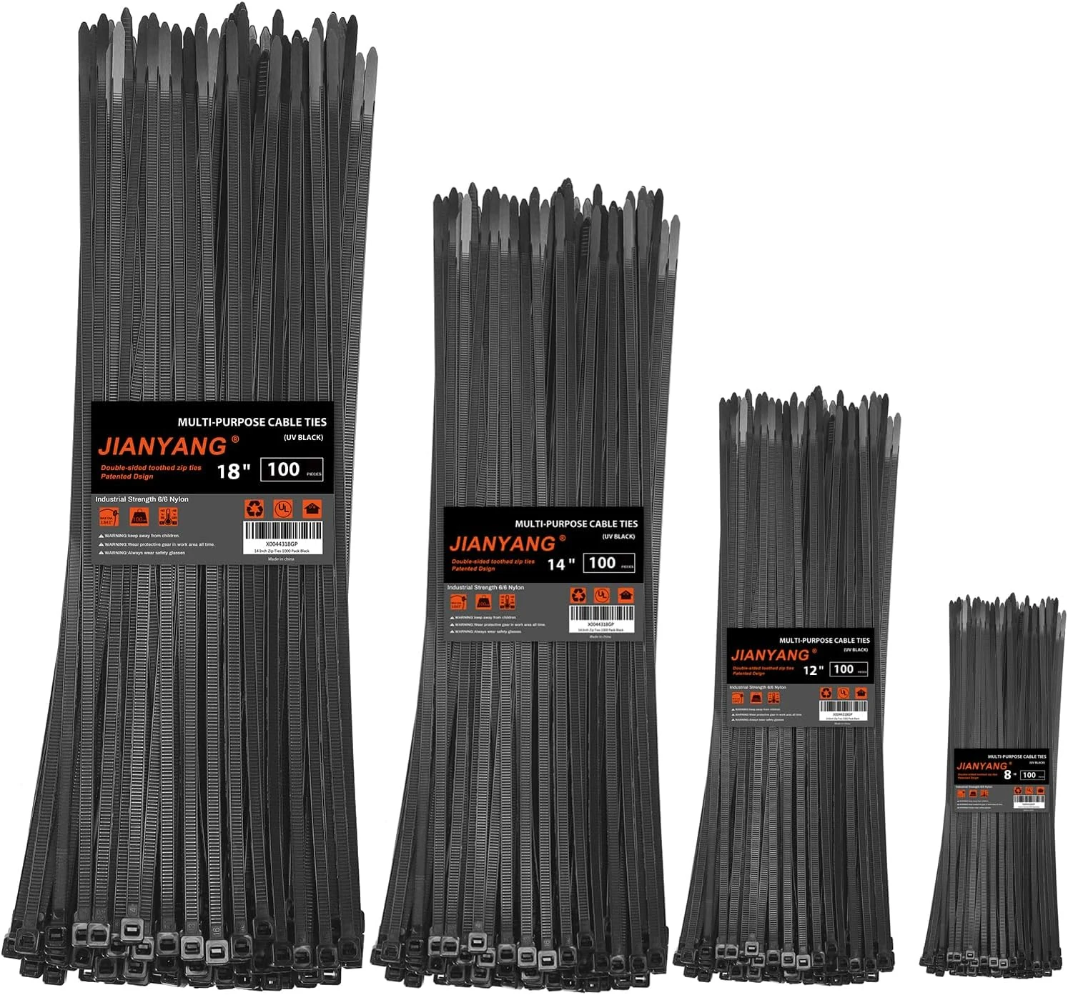 Zip Ties Assorted Size, 8+12+14+18 Inch Double Sided Toothed (400 Pack), 100 LBS Tensile Strength Nylon Tie Wraps
