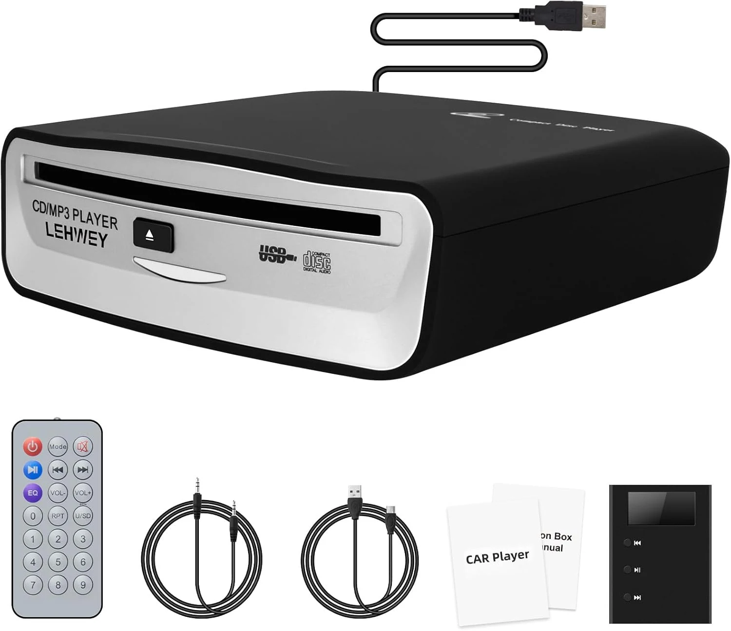 Lehwey USB CD Player for Car, External Car Cd Players with AUX & FM Transmitter, Portable CD Player for Cars Without CD Drive, Anti-Skip, Remote Control