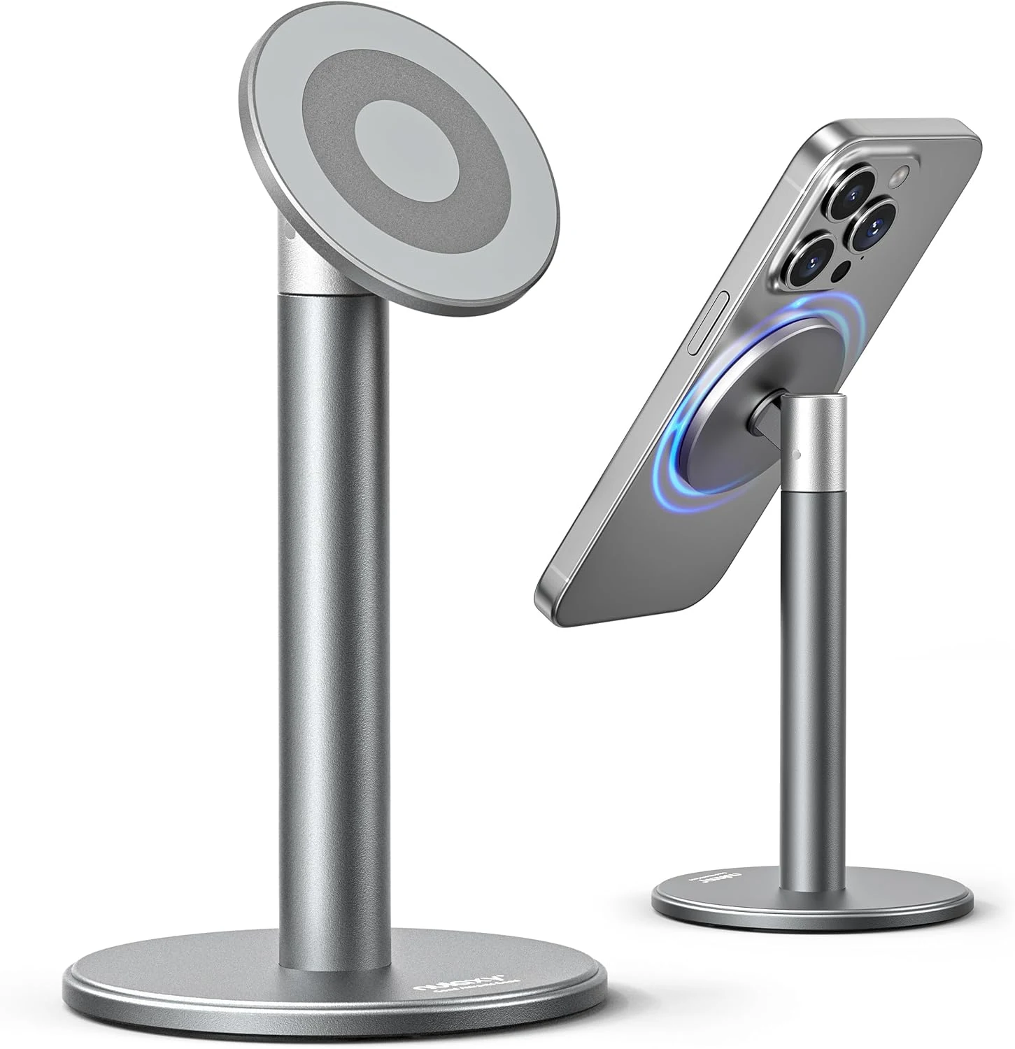 Nulaxy Magnetic Full Aluminum Cell Phone Stand for MagSafe with Metal Ring, 360 Rotating Phone Stand for Desk, Office Desk Accessories, Adjustable Phone Holder Compatible with All Phones, Gray