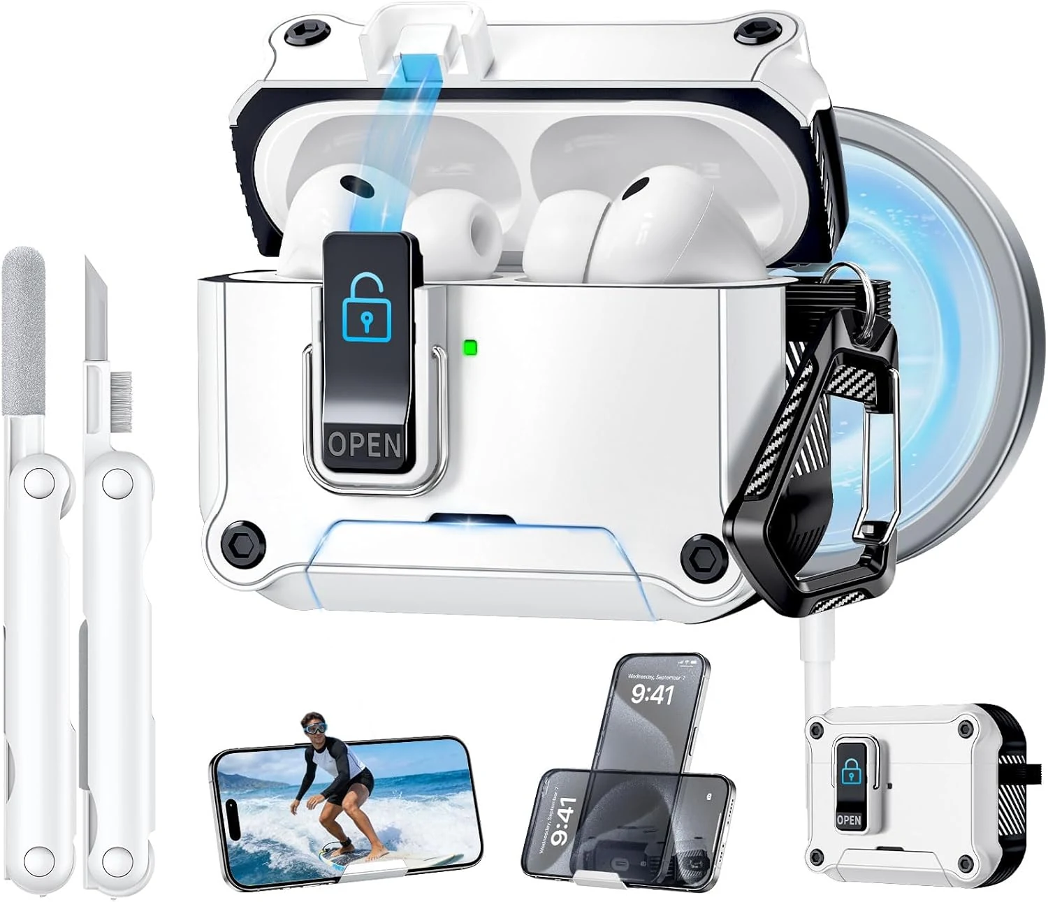 Tecolu Dual Safety Lock for AirPods Pro 3 Case (2025) with MagSafe, Phone Stand, Cleaner & Keychain