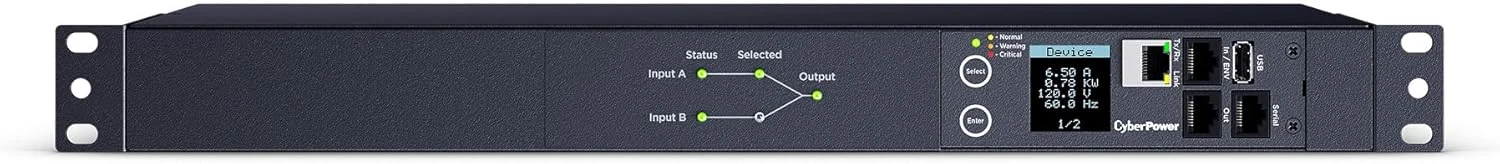 CyberPower PDU44001 Switched ATS PDU, 100-120V, 15A (Derated to 12A), 10 Outlets, 1U Rackmount