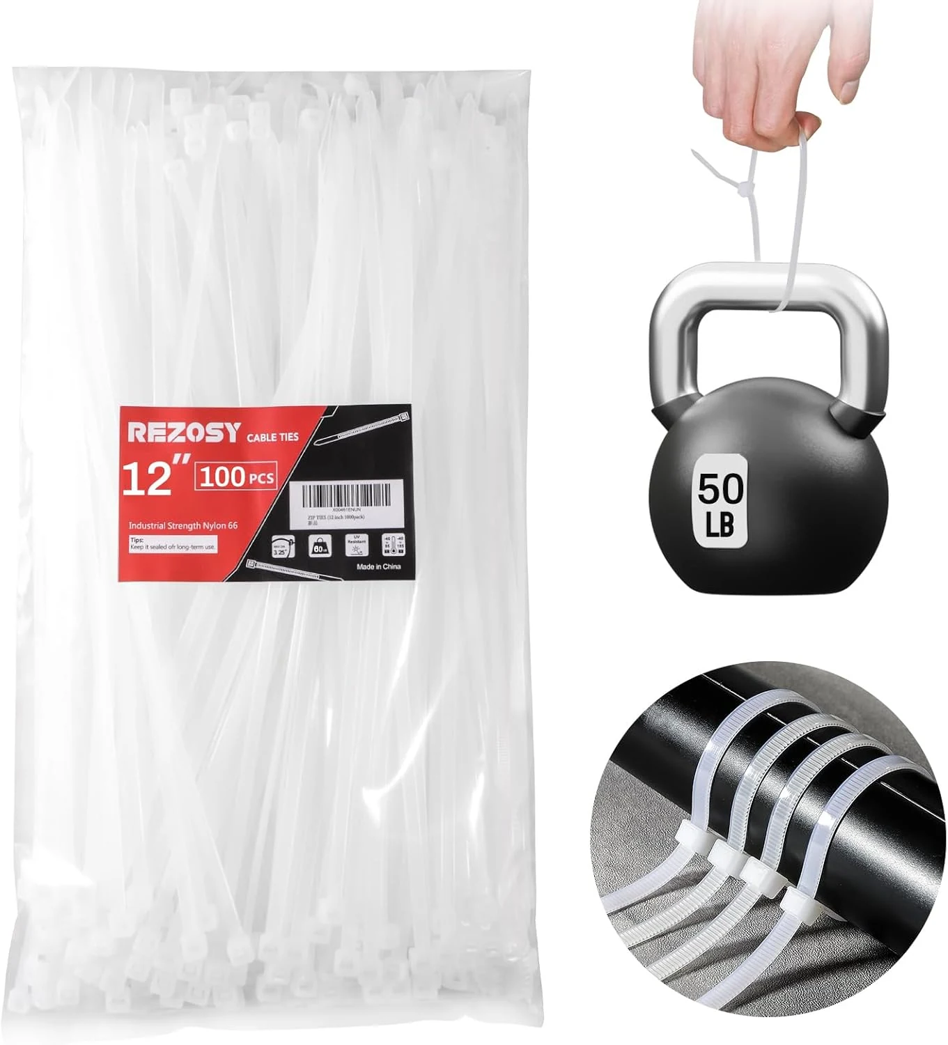 White Zip Ties 12 Inch 100 Pack Clear Tensile Strength 50 lbs UV Resistant Industrial Cable Ties Self Locking Zipties Wire Ties Wrap