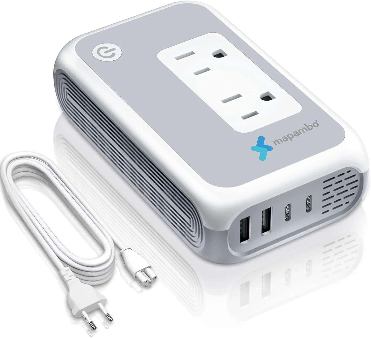 Voltage Converter US to Europe for Curling Iron and Hair Straighteners, 220V to 110V Converter for European Travel Plug Adapter with 2 USB A & 2 USB C Ports (White)