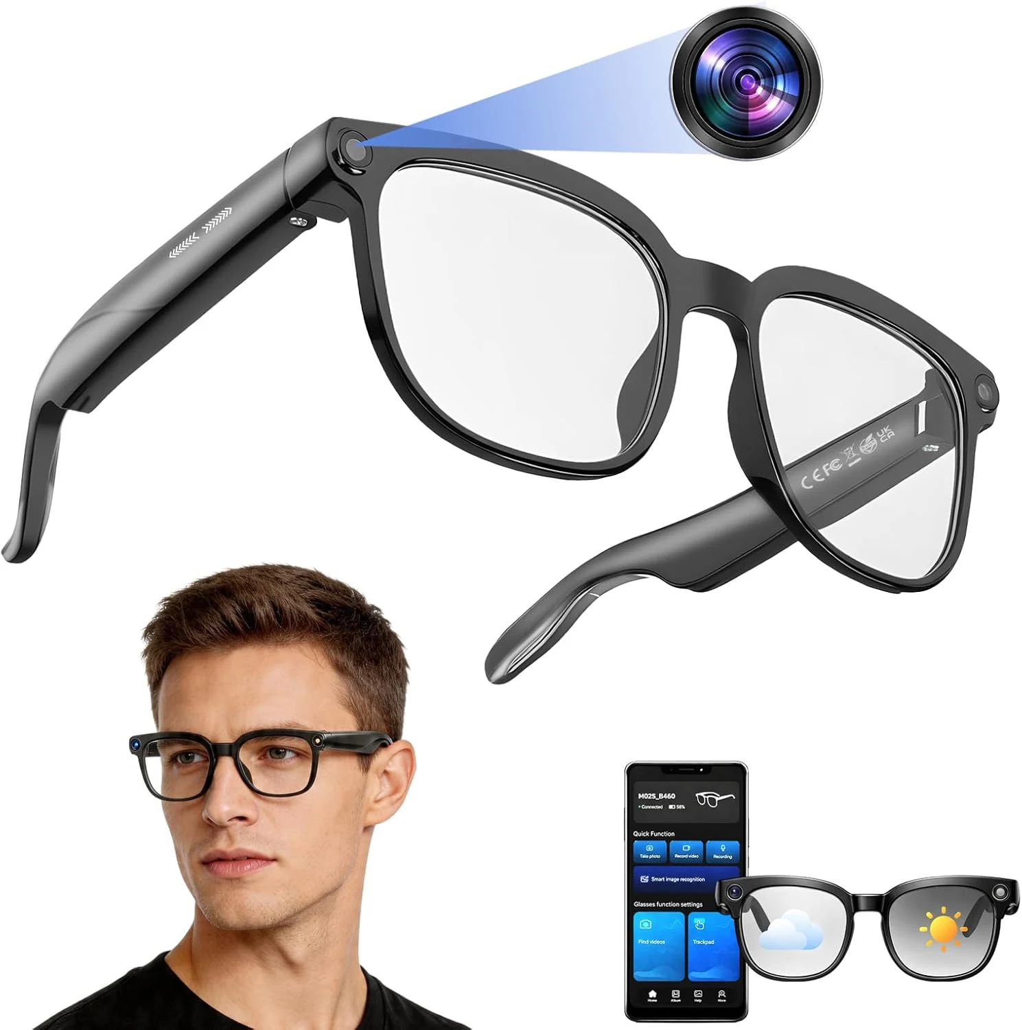 HUSHVANE smart glasses with camera (1080P) + Bluetooth open-ear audio + AI voice assistant