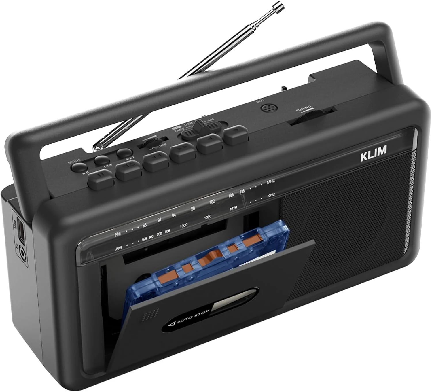 KLIM Portable Cassette Player & Tape Recorder – Boombox with AM/FM Radio, USB, Bluetooth, Speaker, and Earphone Jack – Battery and AC Operated - Black