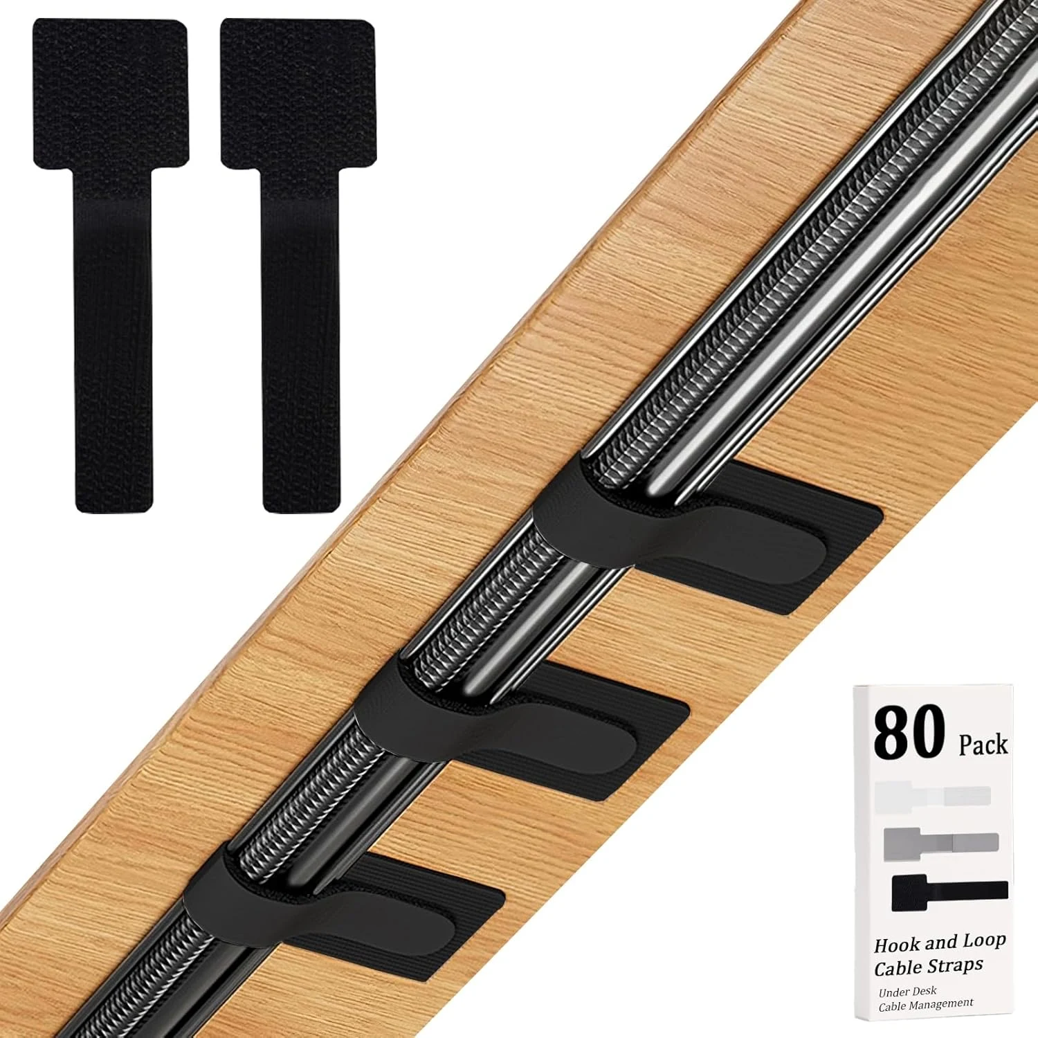 80PCS Hook and Loop Cable Straps, Cable Management Under Desk