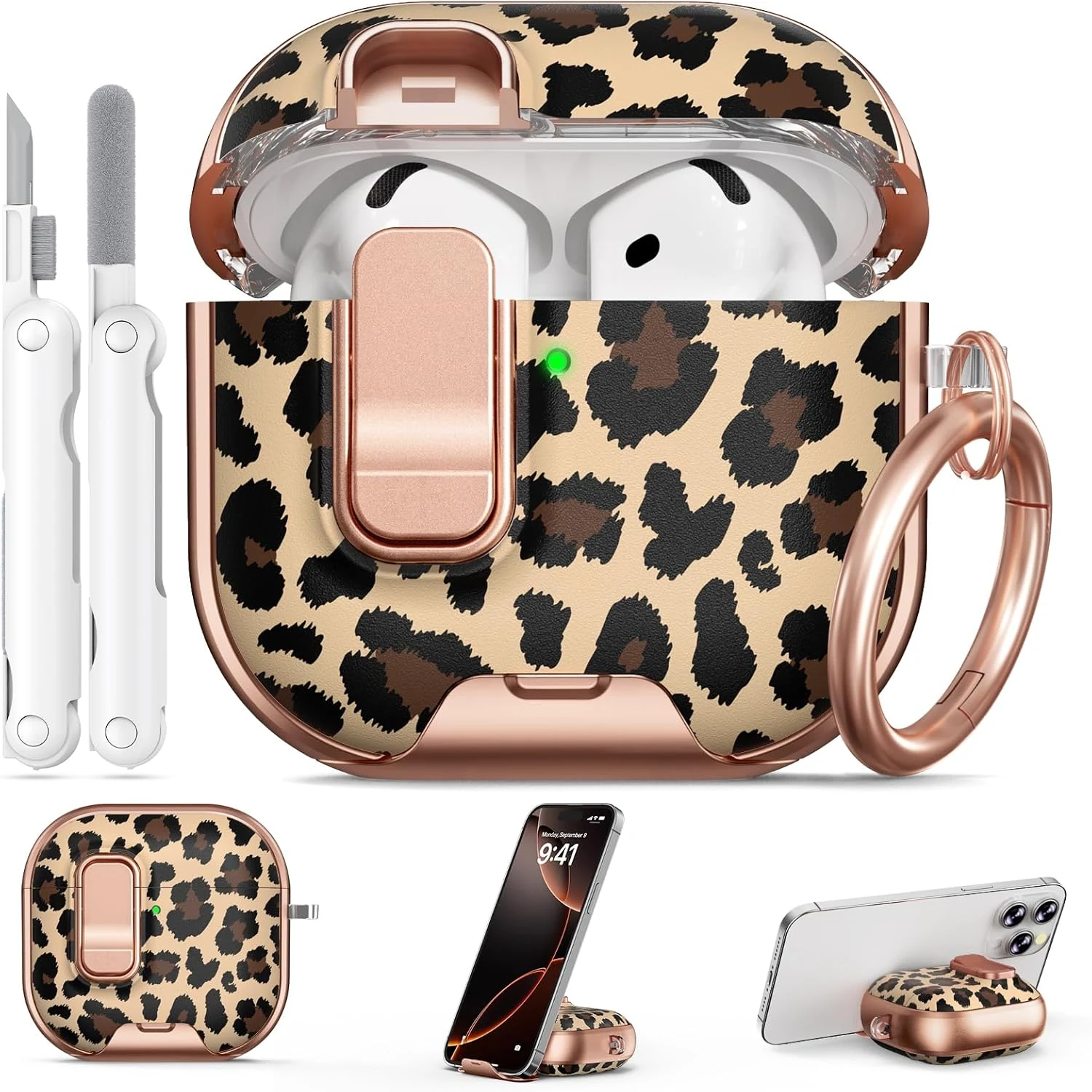 for AirPods 4 Case, with Safty Lock & Phone Stand for Floral AirPods 4th Generation Case Cover for Women Girly, iPod 4 Case with Keychain & Cleaner Kit- Leopard Print