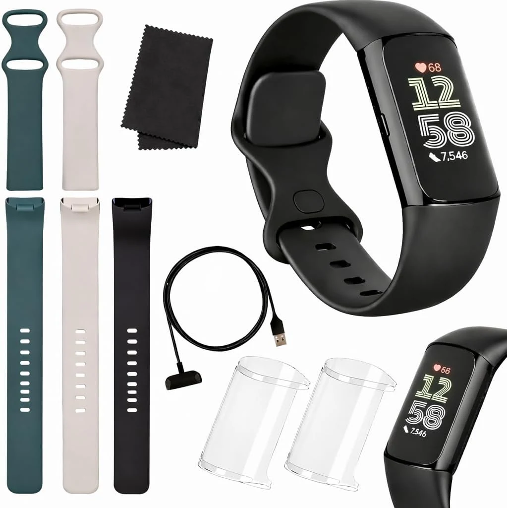 Fitbit Charge 6 Fitness Tracker (Bundle) – Black/Obsidian – Heart Rate, GPS, Sleep & Stress Tracking + Fast Charger, & Cleaning Cloth (Black)