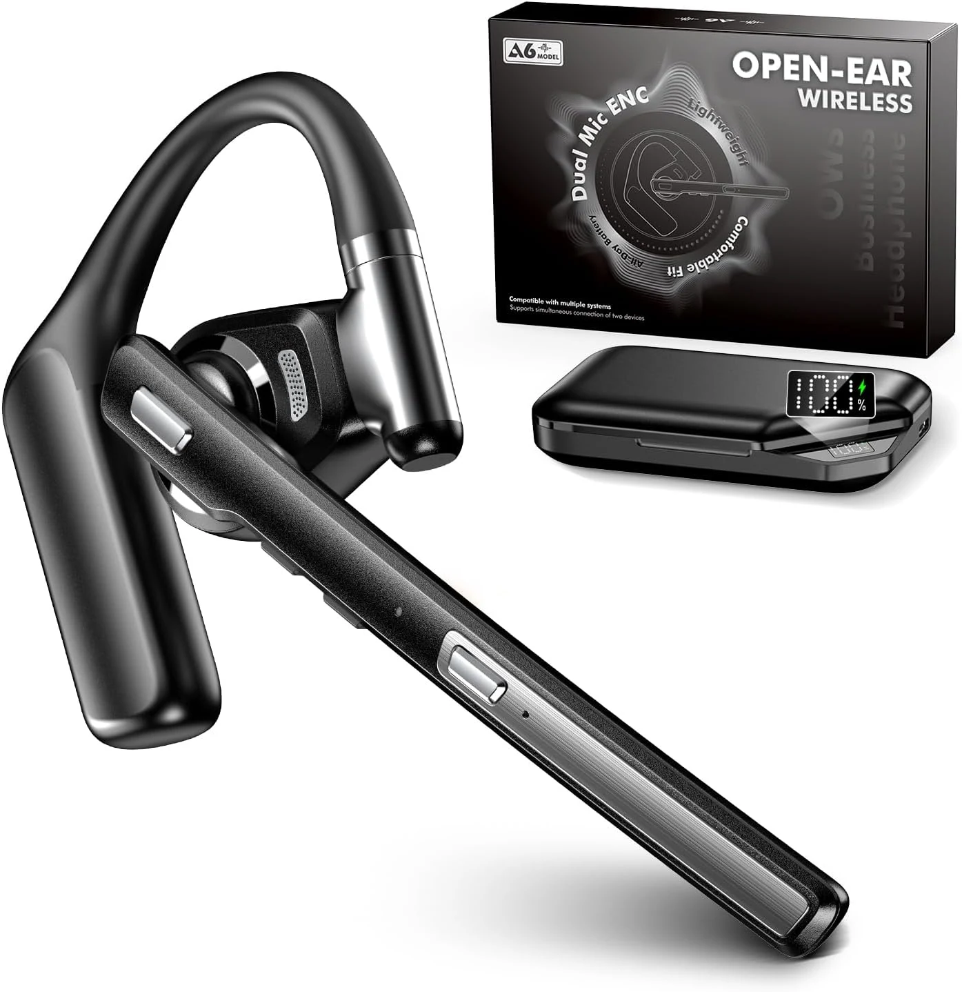 Bluetooth Headset V6.0, Open Ear Wireless Earpiece with Noise Canceling Mic, 96H Talking Time with the 950 mAh Charging Case (Bravego)