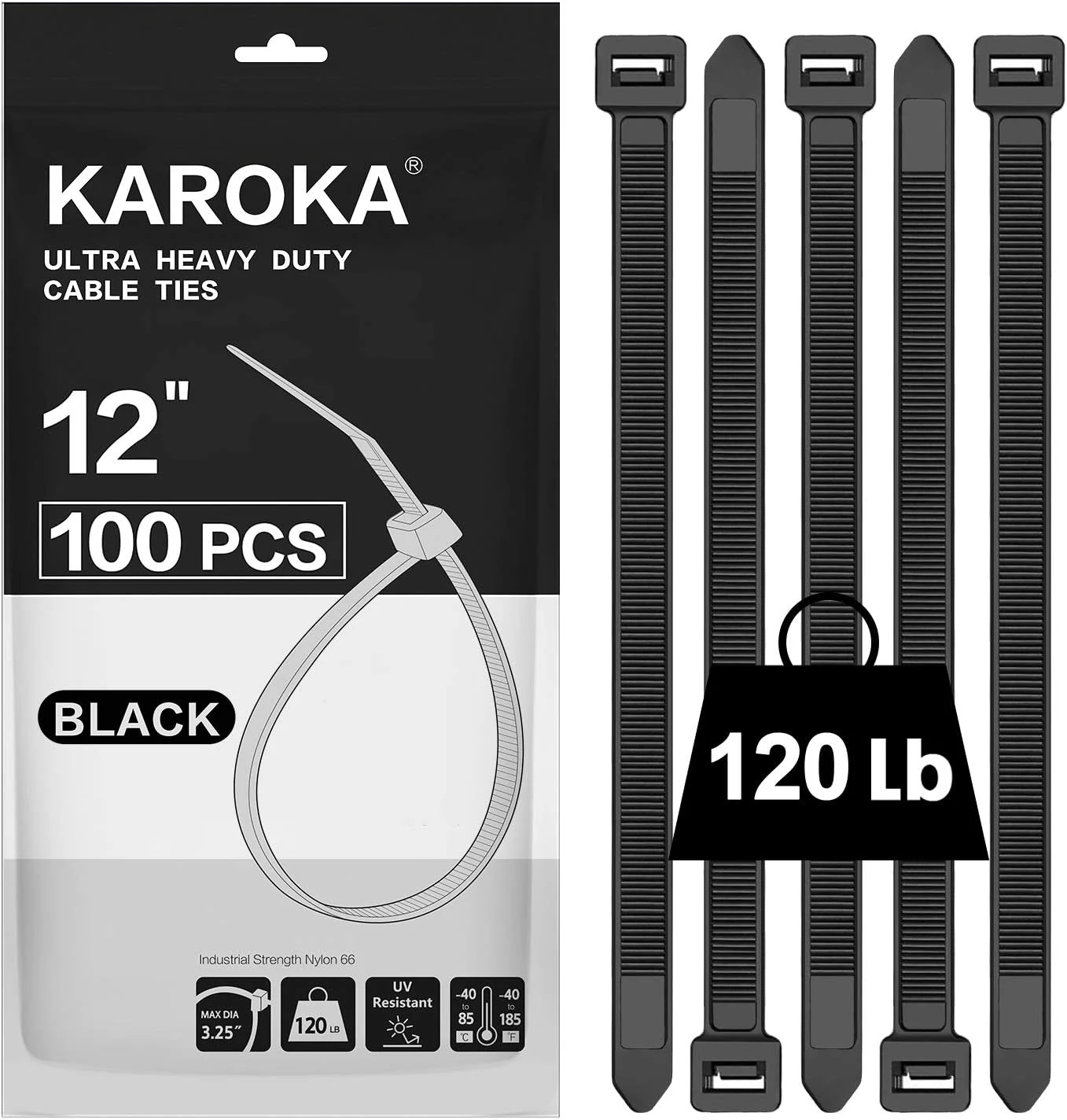 Zip Ties 12 inch Heavy Duty Zip Ties with 120 Pounds Tensile Strength (Black Cable Ties, 100 Pieces) by Karoka