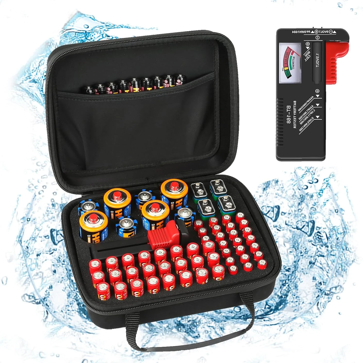 Arkeiliy Battery Organizer, Battery Organizer Storage Case with Tester BT-168, Waterproof Battery Holder Box Holds, Battery Case Organizer 60+ AA AAA C D 9V Batteries (Batteries are Not Included)