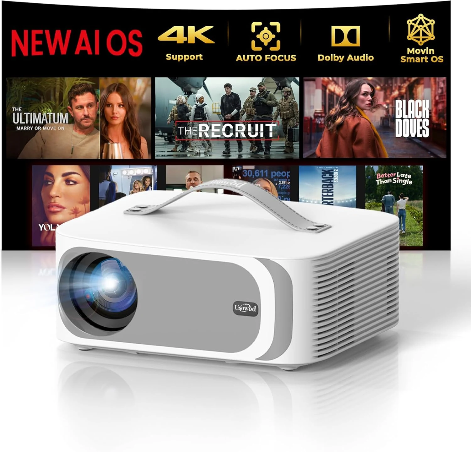 Lisowod L61Pro outdoor 4K support smart projector (AI Movin 2.0, Wi‑Fi, Bluetooth, Dolby audio)
