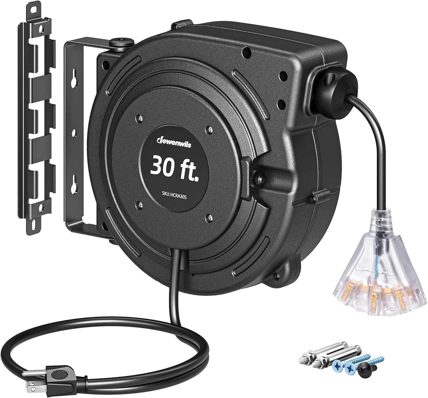 DEWENWILS 30FT Retractable Extension Cord Reel, 16/3C SJTW Heavy Duty Power Cord, Lighted Triple Outlets, 10A Circuit Breaker, Lightweight 180° Swivel Bracket, Ceiling/Wall Mount, ETL Listed, Black