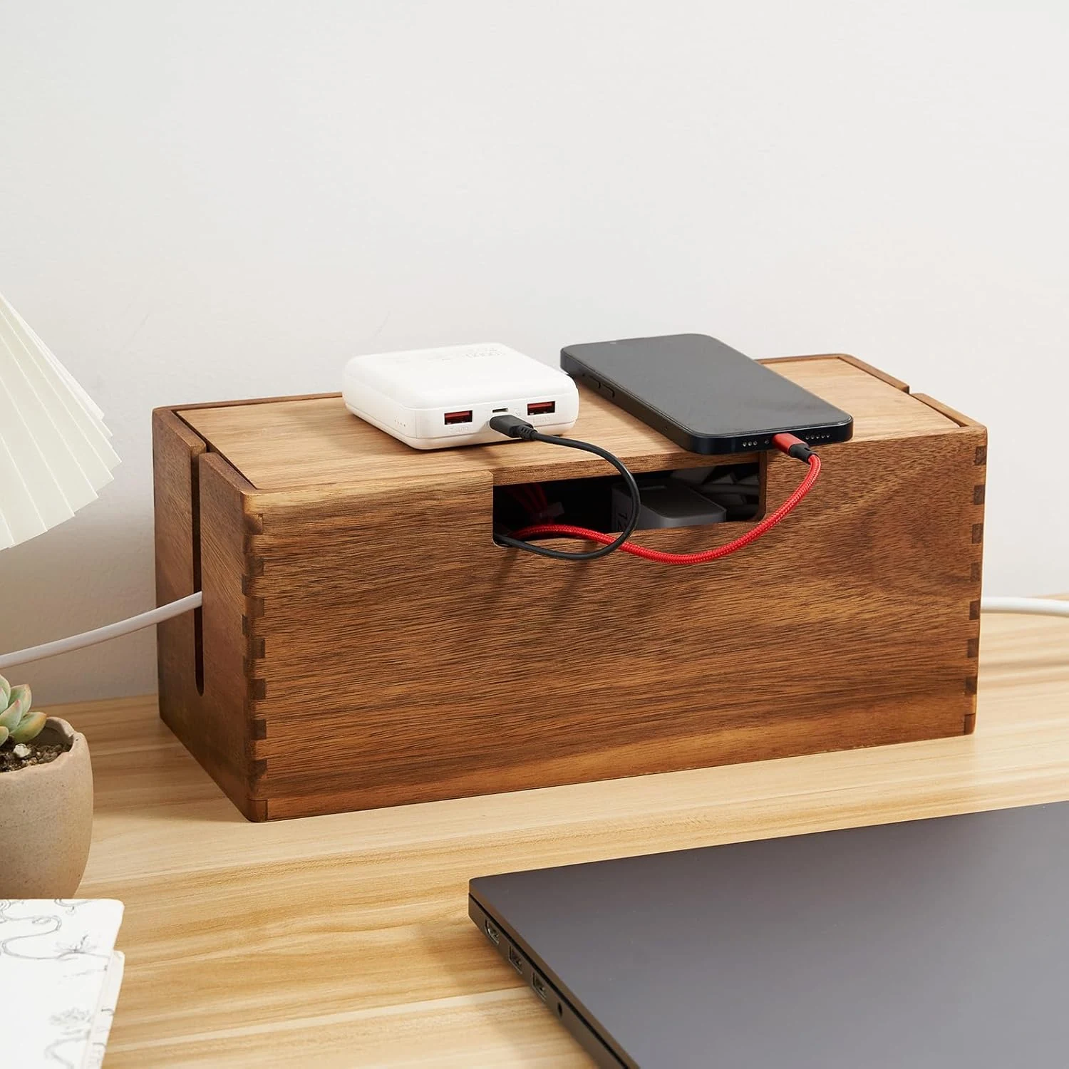 LiTY Acacia Wood Cable Management Box, Wooden Cord Hider & Organizer