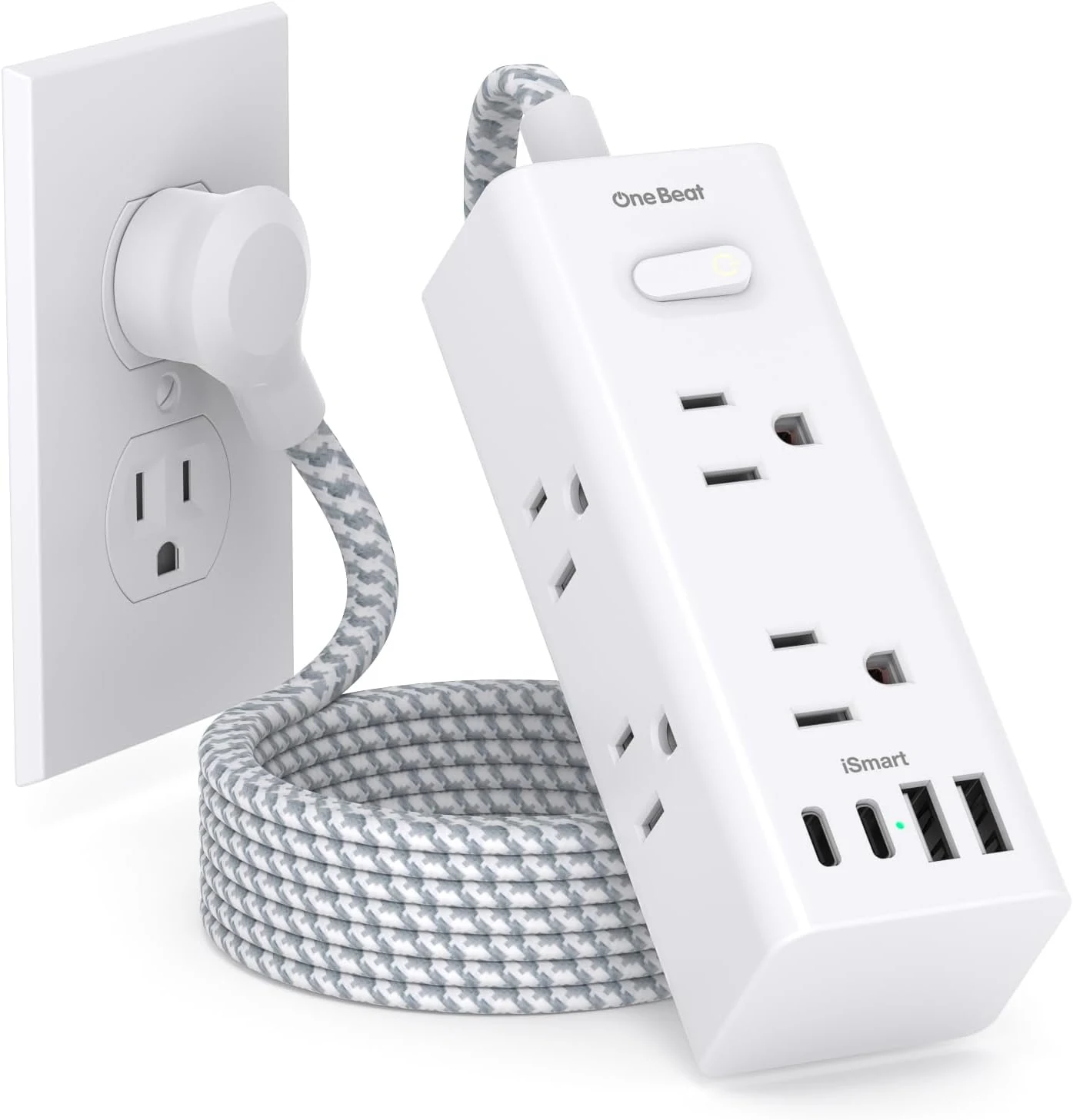 One Beat Power Strip Surge Protector (6 AC Outlets + 2 USB-A + 2 USB-C, 900 Joules, 5 ft Flat Plug)