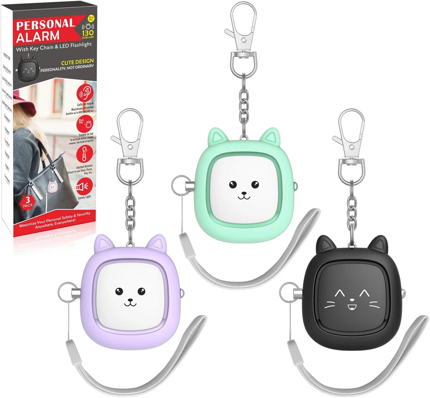 VIGOROAD 3 Pack Loud 130dB Personal Safety Alarm with LED Light (Pull-Pin Keychain)
