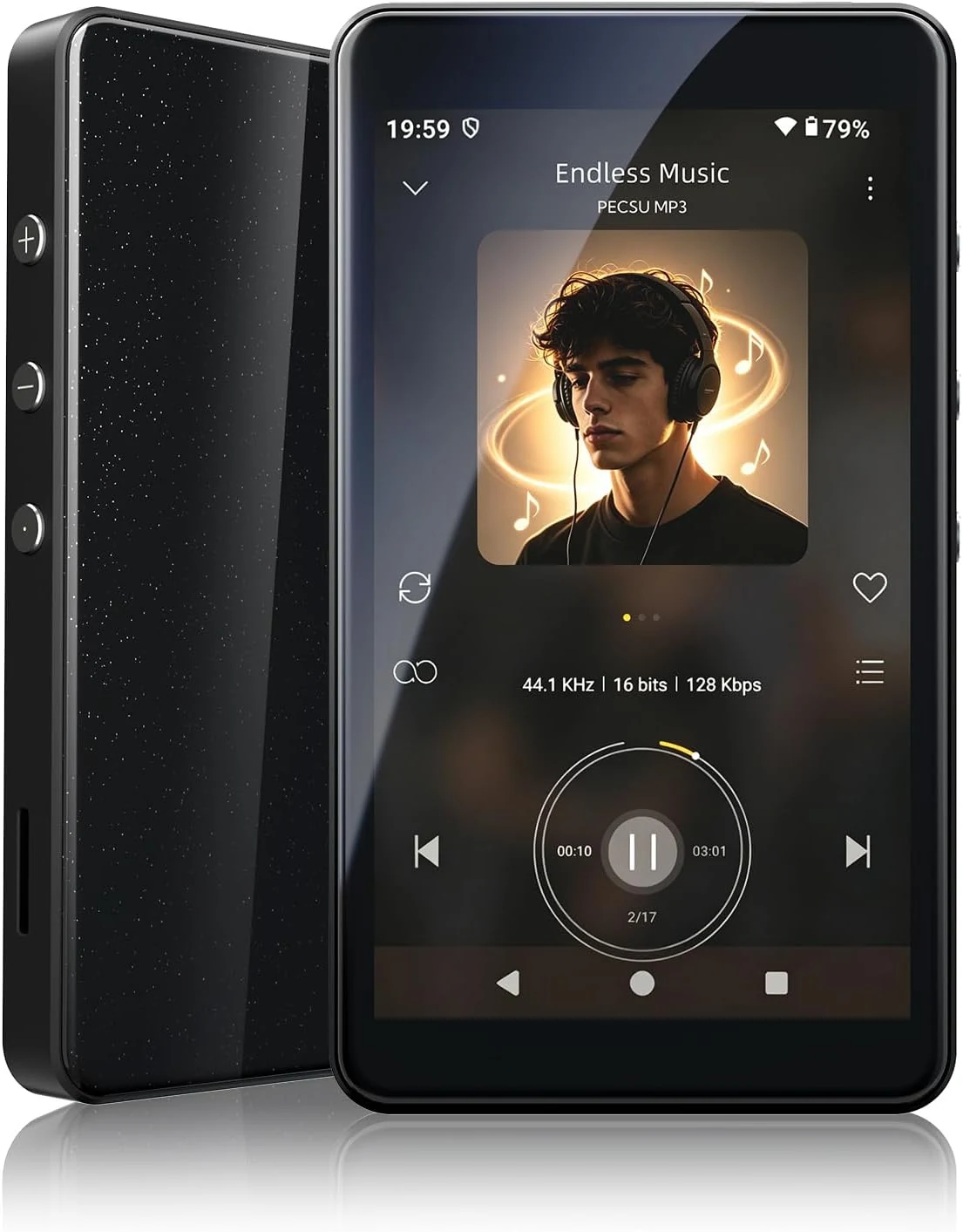 PECSU MP3 Player with Bluetooth 5.0 and WiFi, Android 14 System with Spotify, Audible and Play Store, 4'' Touch Screen, 40-Hour Battery Life, Parental Controls for Kids (Glossy Black)